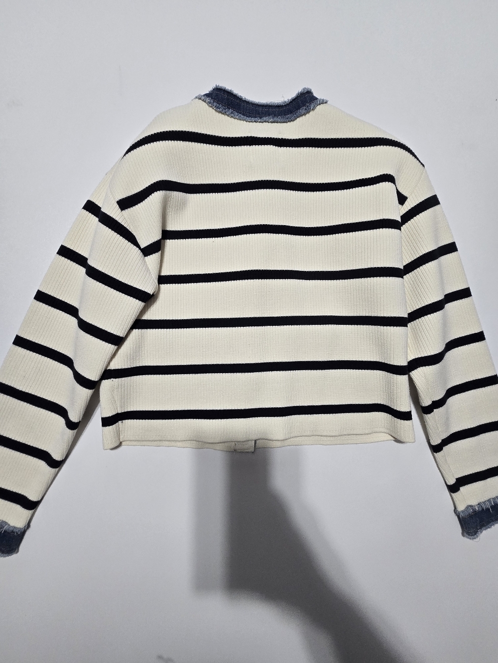 Sandro Stripey Cardigan With Denim Details Knit Crew Neck Long Sleeves Size S - Picture 12 of 13